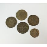 Five early 19th century silver tokens, comprising; a Flintshire 1811 one shilling bank token,