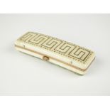 An ivory toothpick case, with gold pique Greek key and bead decoration, 6.