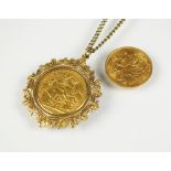 A 1907 sovereign pendant within 9ct gold pendant mount, together with a 1914 half sovereign,