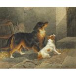 Charles E Brittan (1837-1888), Two dogs in a stable waiting by a door,