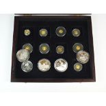 A collection of nine gold coins and five silver proof coins, within capsules and case,