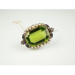 A Victorian peridot, diamond and pearl brooch,