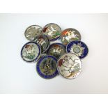 A collection of enamel coins and brooches, comprising; seven crowns, dated 1820, 1887, 1889,