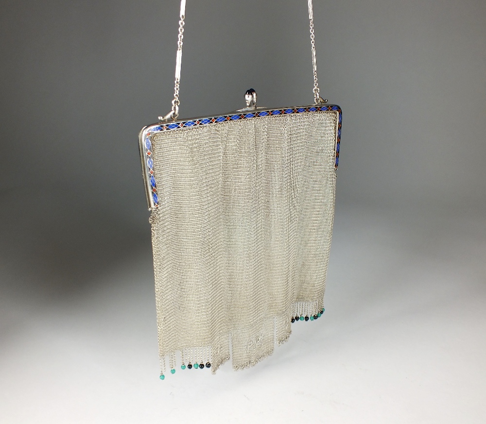 An Art Deco silver and enamel mesh purse, T K & Co, London 1925, the mesh body with blue, - Image 2 of 2