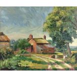 Forrest Hewit (1870-1956), Figures on a rural lane beside cottages, oil on canvas,