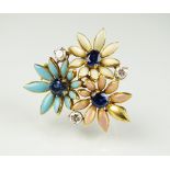 A diamond, sapphire and enamel floral cluster brooch,