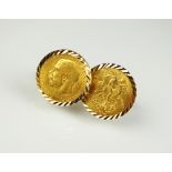 A pair of George V sovereign set cufflinks, dated 1911, each within yellow metal mount,