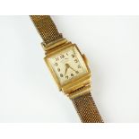A lady's 18ct gold Sultana wristwatch, the square silvered dial with Arabic numerals, manual wind,