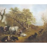 British school, 19th century, Cattle and farm labourers beside a rural track,