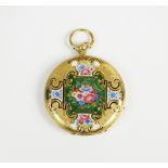 A Lady's mid 19th century yellow metal and polychrome enamel fob watch, stamped '18k',