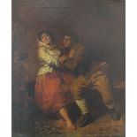 Continental School, late 19th century, Amorous couple seated on a bench, oil on canvas,