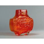 A Whitefriars orange and clear glass concentric 'TV vase', designed in the 1950s by Geoffrey