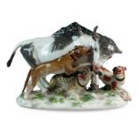 A Paris porcelain bull baiting group, probably Samson, late 19th/early 20th century the bull being