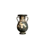 South Italian, Apulian, black glazed vase; flared mouth with rolled rim; neck decorated with rosette