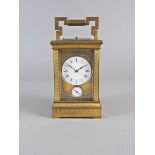 A French gilt brass repeating carriage clock, circa 1900, the 2 ¼” white dial with blue Roman