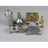 A selection of metal wares to include a pair of miniature brass candle sticks, 4cm high, another