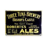 A Three Tuns Brewery, Bishops Castle, yellow and black enamel sign. 46cm wide, 30.5cm high