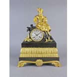 A French bronze and ormolu mantel clock, 19 th century with 3 ¼” silvered circular dial with Roman