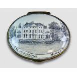 A rare oval enamel patch box, Regency, the cover painted en grisaille with a titled view of