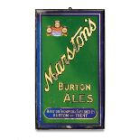 A glass and painted metal advertising sign for Marston's Burton Ales, in green and blue with gilt