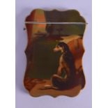 A LARGE 19TH CENTURY PAINTED PAPIER MACHE CARD CASE painted with a seated hound within an