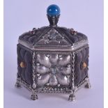 A RARE ARTS AND CRAFTS SILVER AGATE AND HARDSTONE CASKET of hexagonal form, decorated with floral