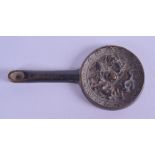 AN UNUSUAL CHINESE QING DYNASTY BRONZE SCHOLARS SPOON Tang style, decorated with buddhistic lions.