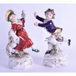 A PAIR OF LATE 19TH CENTURY CONTINENTAL PORCELAIN FIGURES modelled as a boy and girl beside