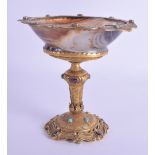 A FINE 19TH CENTURY AUSTRIAN VIENNA BRONZE AND AGATE TAZZA jewelled in ruby and turquoise,