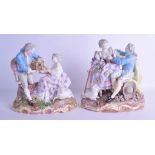 A LARGE PAIR OF 19TH CENTURY MEISSEN PORCELAIN FIGURAL GROUPS depicting couples seated beside a