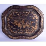A LARGE 19TH CENTURY CHINESE EXPORT BLACK LACQUER RECTANGULAR TRAY decorated with figures, insects