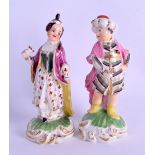 18th c. Derby pair of Turk and companion small figures each holding a flower, incised No 63 and 3. 9