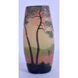 A STYLISH FRENCH LEGRAS ART GLASS VASE painted with stylised trees before a lakeland landscape. 15.5