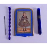 A RARE ANTIQUE BRISTOL BLUE NEEDLE CASE together with another similar & a Victorian papier mache