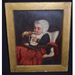 BRITISH SCHOOL (19th Century), framed oil on tin, a young boy sucking a vessel. 19 cm x 15 cm.