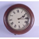 A SMALL MAHOGANY FUSEE WALL CLOCK with cream dial and black numerals. 29 cm diameter.