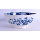 18th c. Lowestoft rare punch bowl painted with a version of the Three Flowers pattern and painted