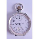 AN ANTIQUE CONTINENTAL SILVER CHONROMETER POCKET WATCH with white enamel dial and black numerals.