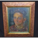 EUROPEAN SCHOOL (Early 20th Century), framed oil on panel, self portrait male, "Cyan". 29 cm x 23