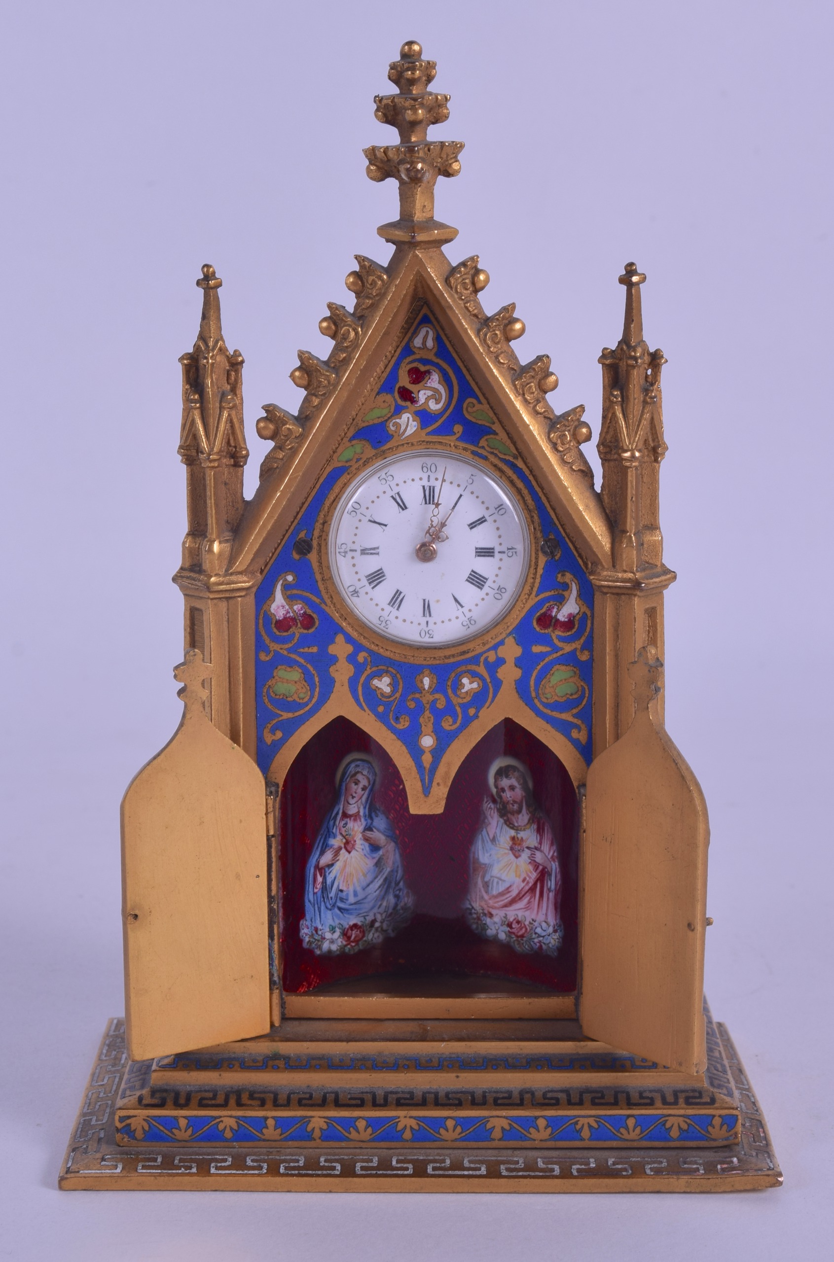 A RARE 19TH CENTURY FRENCH CHAMPLEVE ENAMEL GOTHIC CLOCK the doors opening to reveal two enamelled - Bild 2 aus 3