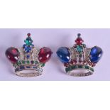 A PAIR OF VINTAGE SILVER AND GEM STONE TRIFARI BROOCHES in the shape of crowns. 4.5 cm x 4.25 cm.