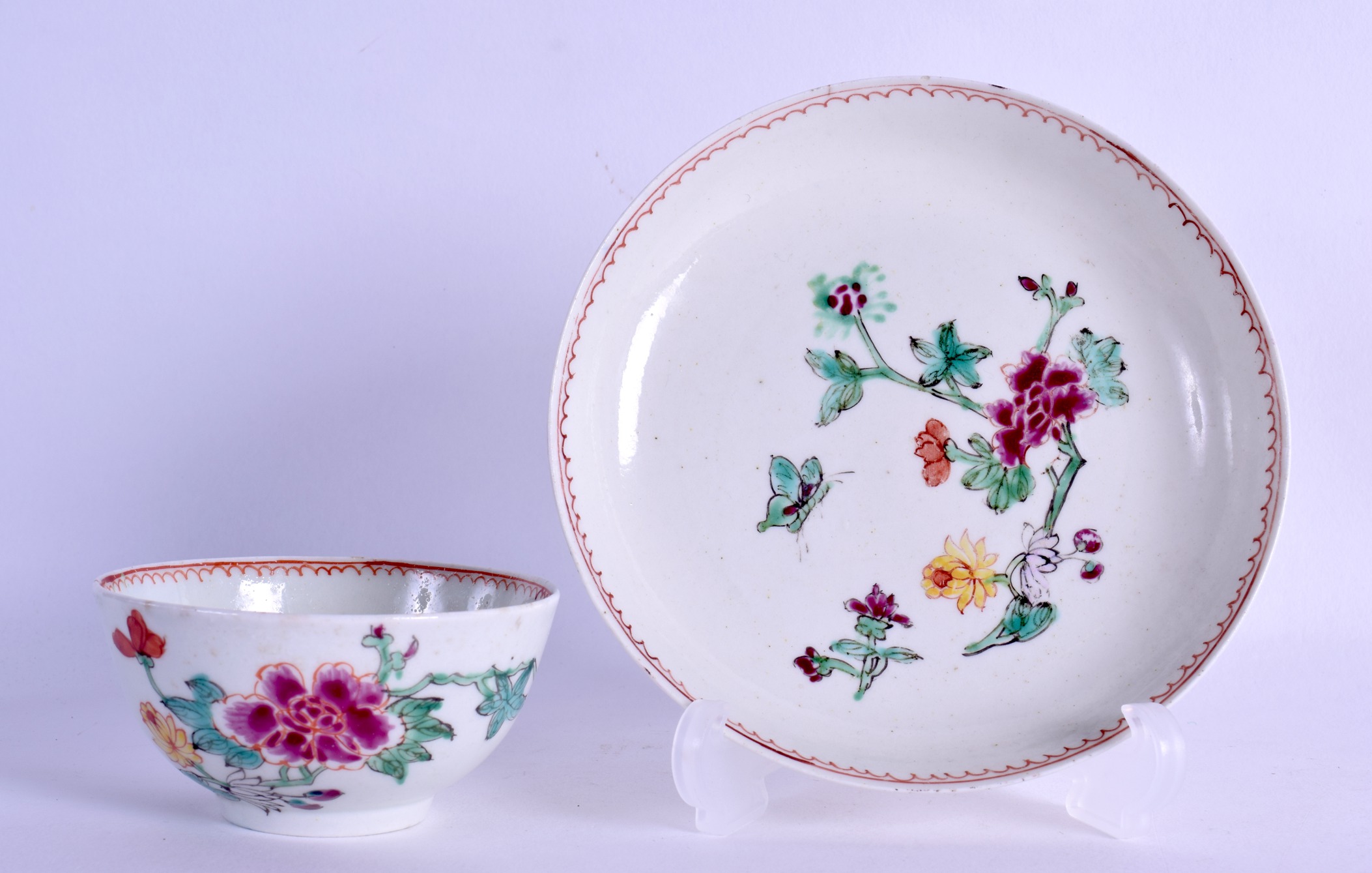 Shaw's Brow Liverpool famille rose Chinese style teabowl and saucer with loop and line border.