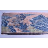 A LARGE CHINESE QING DYNASTY PAINTED WATERCOLOUR LANDSCAPE SCROLL decorated with figures in