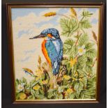 ANDY WILLIAMS (b.1968), framed cross stitch embroidery, a kingfisher, "king of the skies". 44 cm x