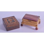 A VICTORIAN TUNBRIDGEWARE STAMP BOX AND COVER together with an agate pill box. 4 cm wide. (2)