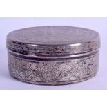 A LATE 19TH CENTURY PERSIAN SILVER BOX AND COVER engraved with stylised script and foliage. 4.6
