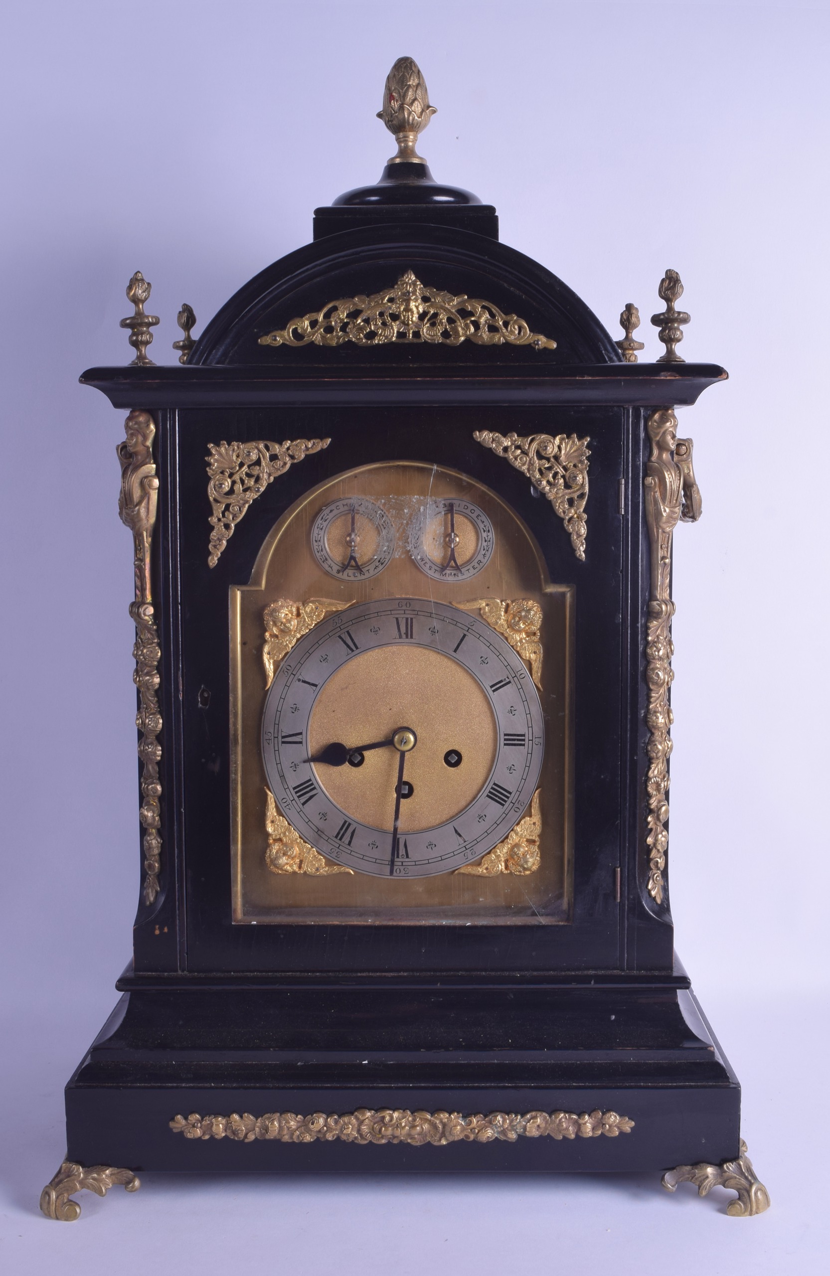 A VERY LARGE 19TH CENTURY EBONISED WESTMINSTER CHIMING BRACKET CLOCK with brass mounts, supported