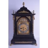 A VERY LARGE 19TH CENTURY EBONISED WESTMINSTER CHIMING BRACKET CLOCK with brass mounts, supported