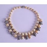 A GOLD PEARL SILVER AND DIAMOND DROP NECKLACE. 40 cm long.