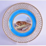 Late 19th c. Minton fine plate painted with a fox and rabbit under a turquoise and pierced border by